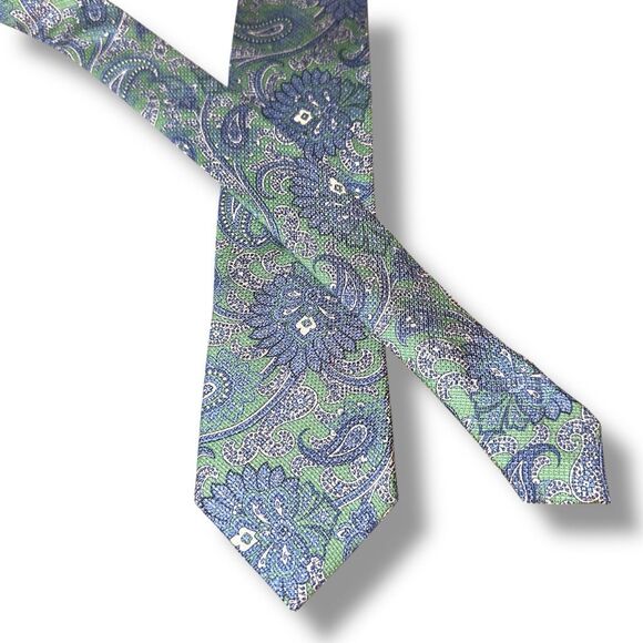 Breuer Blue & Green Paisley Silk & Linen Handmade in Italy Neck Tie - Picture 1 of 6